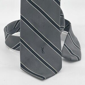 Yves Saint Laurent Silk Tie Gray Blue Stripe YSL Designer Classic Mens 3"